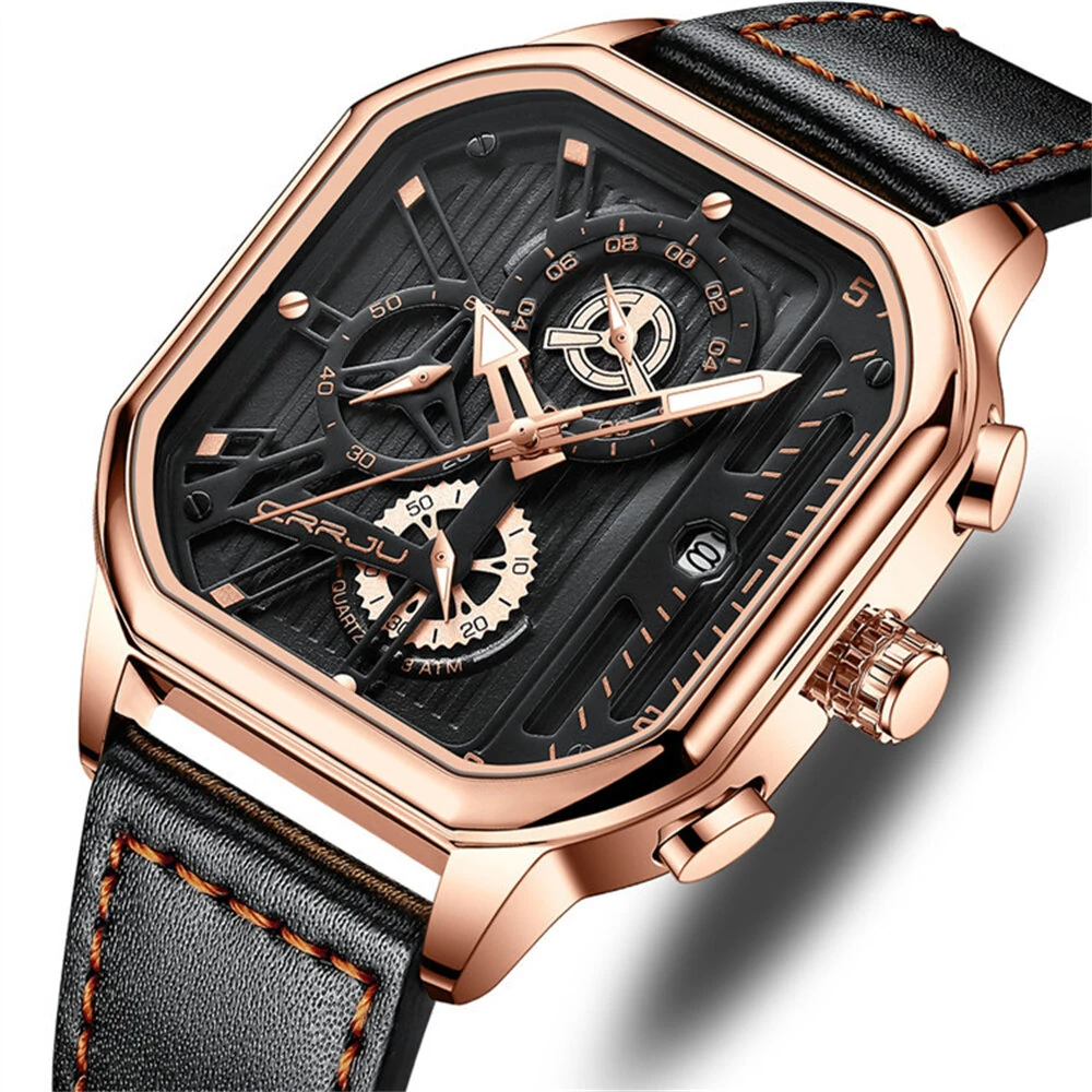 CRRJU Men's Luminous Waterproof Sports Watch Square Dial Chronograph Business Casual Quartz Wristwatches