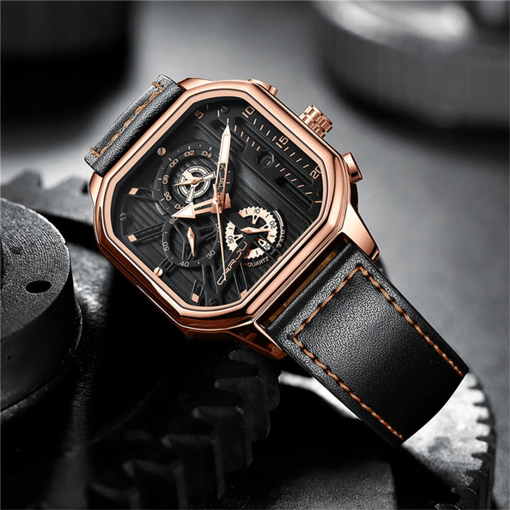 CRRJU Men's Luminous Waterproof Sports Watch Square Dial Chronograph Business Casual Quartz Wristwatches