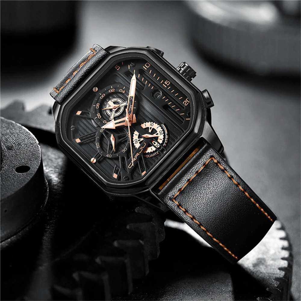 CRRJU Men's Luminous Waterproof Sports Watch Square Dial Chronograph Business Casual Quartz Wristwatches