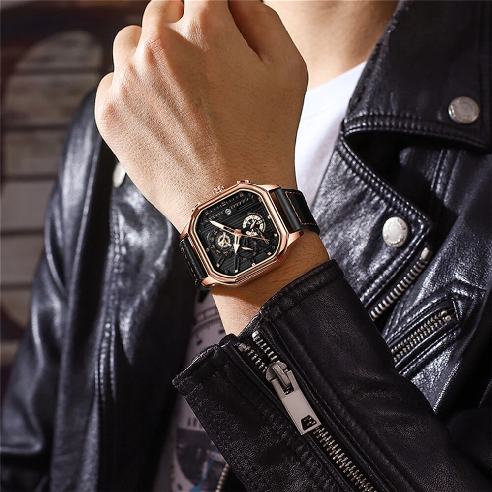 CRRJU Men's Luminous Waterproof Sports Watch Square Dial Chronograph Business Casual Quartz Wristwatches