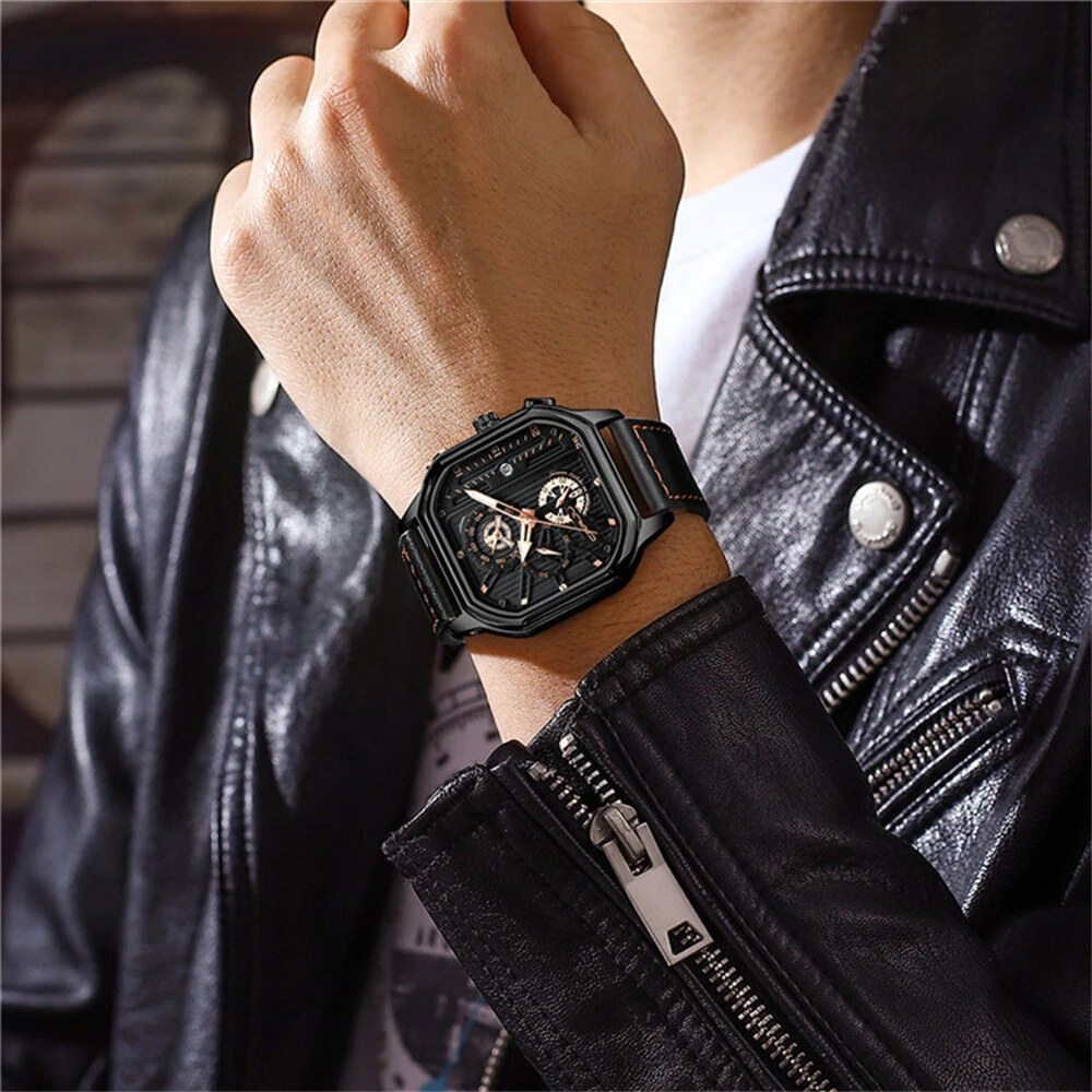 CRRJU Men's Luminous Waterproof Sports Watch Square Dial Chronograph Business Casual Quartz Wristwatches