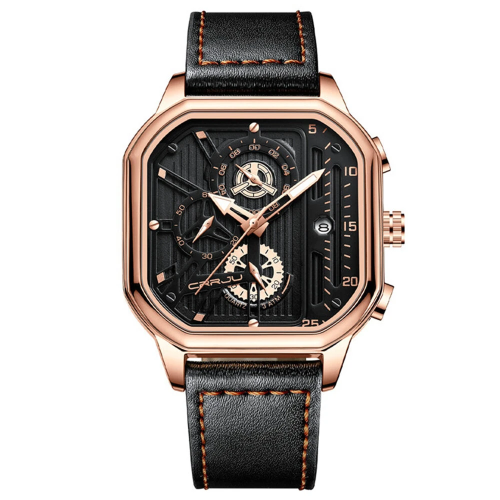 CRRJU Men's Luminous Waterproof Sports Watch Square Dial Chronograph Business Casual Quartz Wristwatches