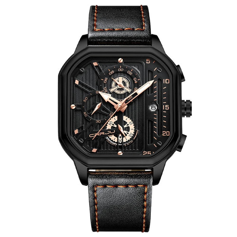 CRRJU Men's Luminous Waterproof Sports Watch Square Dial Chronograph Business Casual Quartz Wristwatches