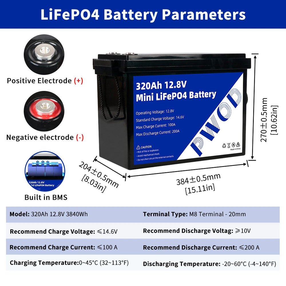 PWOD 12.8V 320Ah 3840Wh Mini LiFePO4 Battery Storage Box RV & Boat Lithium Battery Built-in BMS IP65 Protection