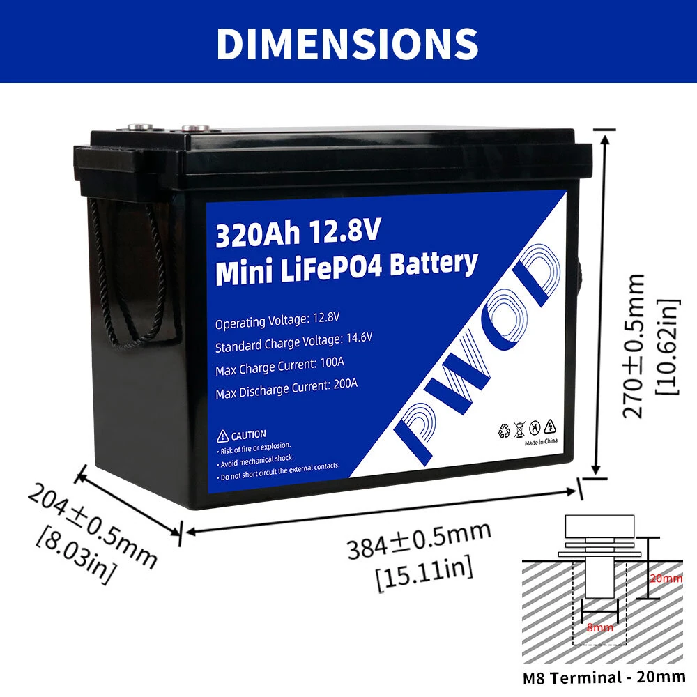 PWOD 12.8V 320Ah 3840Wh Mini LiFePO4 Battery Storage Box RV & Boat Lithium Battery Built-in BMS IP65 Protection