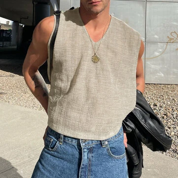 INCERUN Mens Solid Textured V-Neck Sleeveless Tank Top Comfortable Cool Vest Top