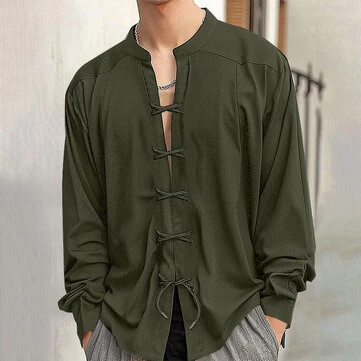 INCERUN Mens V Neck Long Sleeve Shirt Fashion Solid Color Lace Up Top Shirt for Male