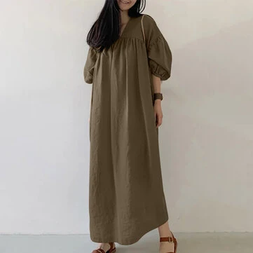 ZANZEA Women Maxi Dresses Solid Color Seven-quarter Length Lantern Sleeves Long Dresses Plus Size Women Dresses