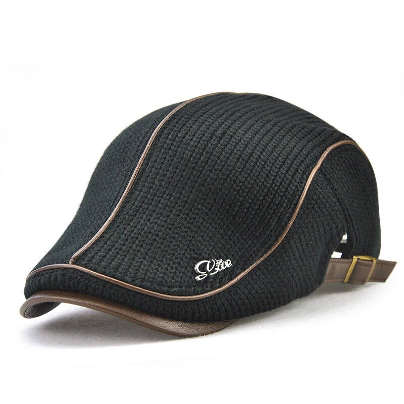 Collrown Knitted Berets Patchwork Leather Brim Men Flat Cap Retro Visor Hat Autumn Winter Warmer Casual Crochet Hat Forward Cap
