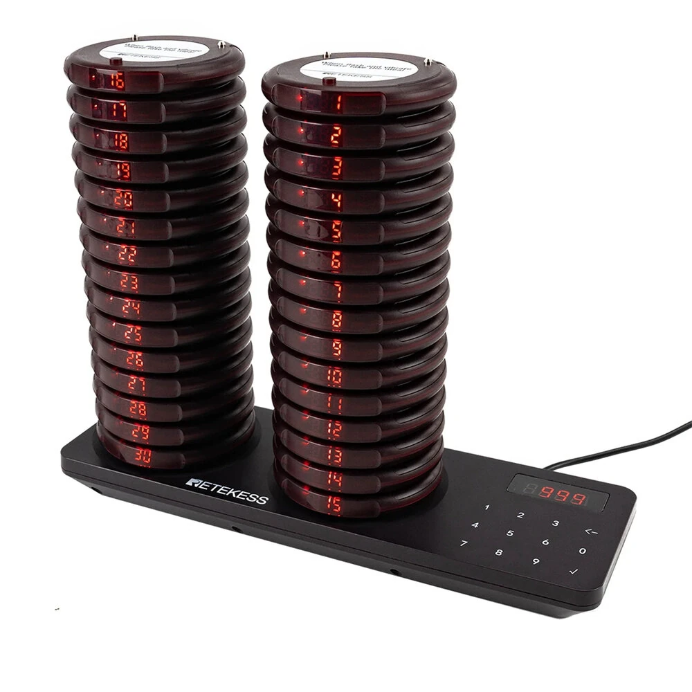Retekess Restaurant Pager Wireless Calling System Vibrators Paging Device 20/30pcs Coaste Pager 500m Range IP33 Waterproof Keypad Touch 31 Prompt Modes