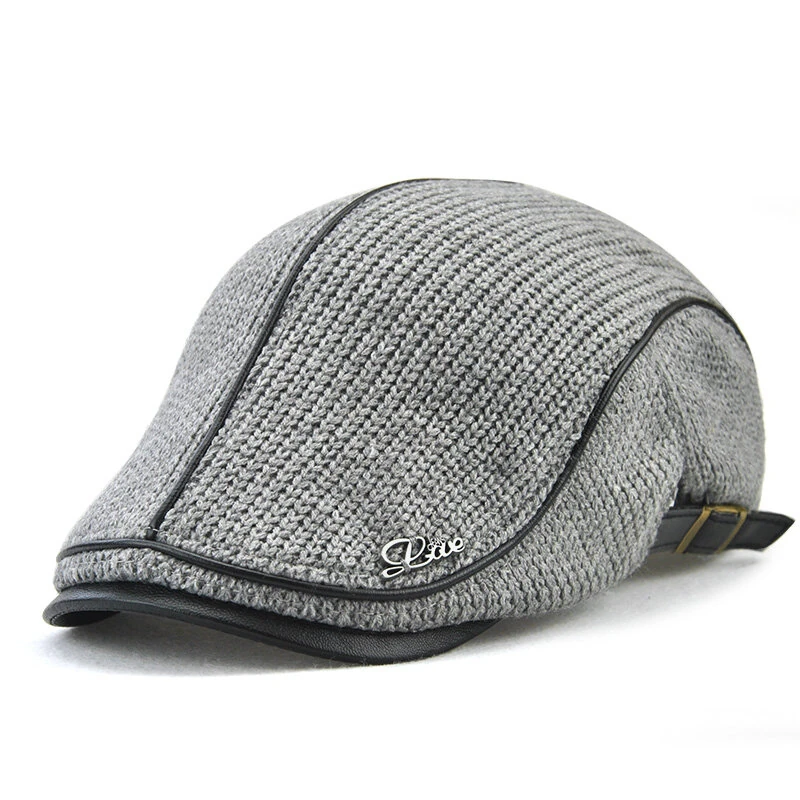 Collrown Knitted Berets Patchwork Leather Brim Men Flat Cap Retro Visor Hat Autumn Winter Warmer Casual Crochet Hat Forward Cap