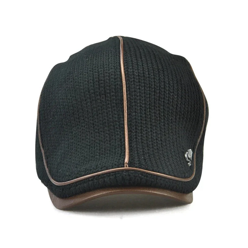 Collrown Knitted Berets Patchwork Leather Brim Men Flat Cap Retro Visor Hat Autumn Winter Warmer Casual Crochet Hat Forward Cap