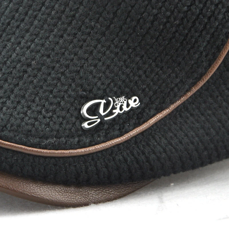 Collrown Knitted Berets Patchwork Leather Brim Men Flat Cap Retro Visor Hat Autumn Winter Warmer Casual Crochet Hat Forward Cap
