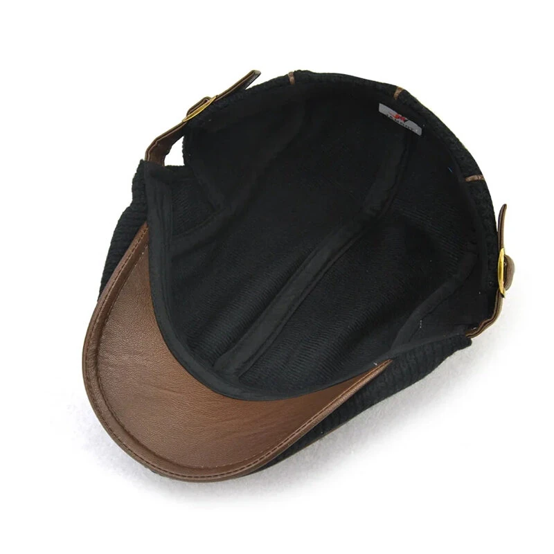Collrown Knitted Berets Patchwork Leather Brim Men Flat Cap Retro Visor Hat Autumn Winter Warmer Casual Crochet Hat Forward Cap