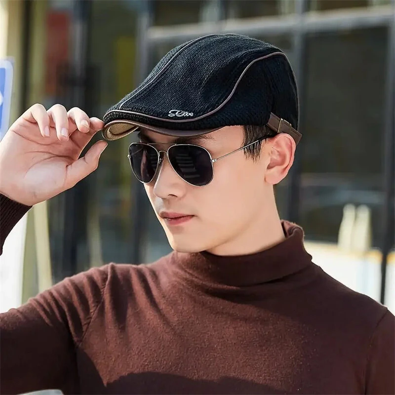 Collrown Knitted Berets Patchwork Leather Brim Men Flat Cap Retro Visor Hat Autumn Winter Warmer Casual Crochet Hat Forward Cap