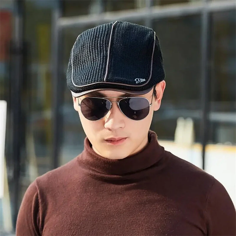 Collrown Knitted Berets Patchwork Leather Brim Men Flat Cap Retro Visor Hat Autumn Winter Warmer Casual Crochet Hat Forward Cap