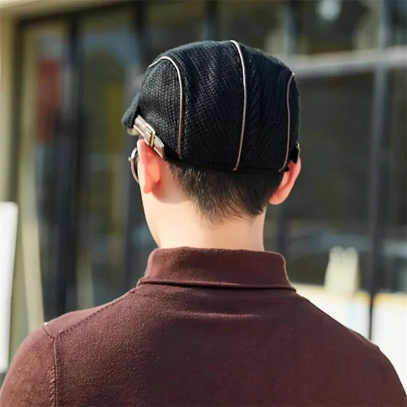 Collrown Knitted Berets Patchwork Leather Brim Men Flat Cap Retro Visor Hat Autumn Winter Warmer Casual Crochet Hat Forward Cap