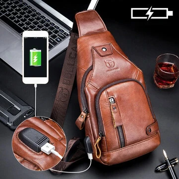 BULLCAPTAIN Mens Genuine Leather USB Charging Large Capacity Business Casual Chest Bag Shoulder Crossbody Bag