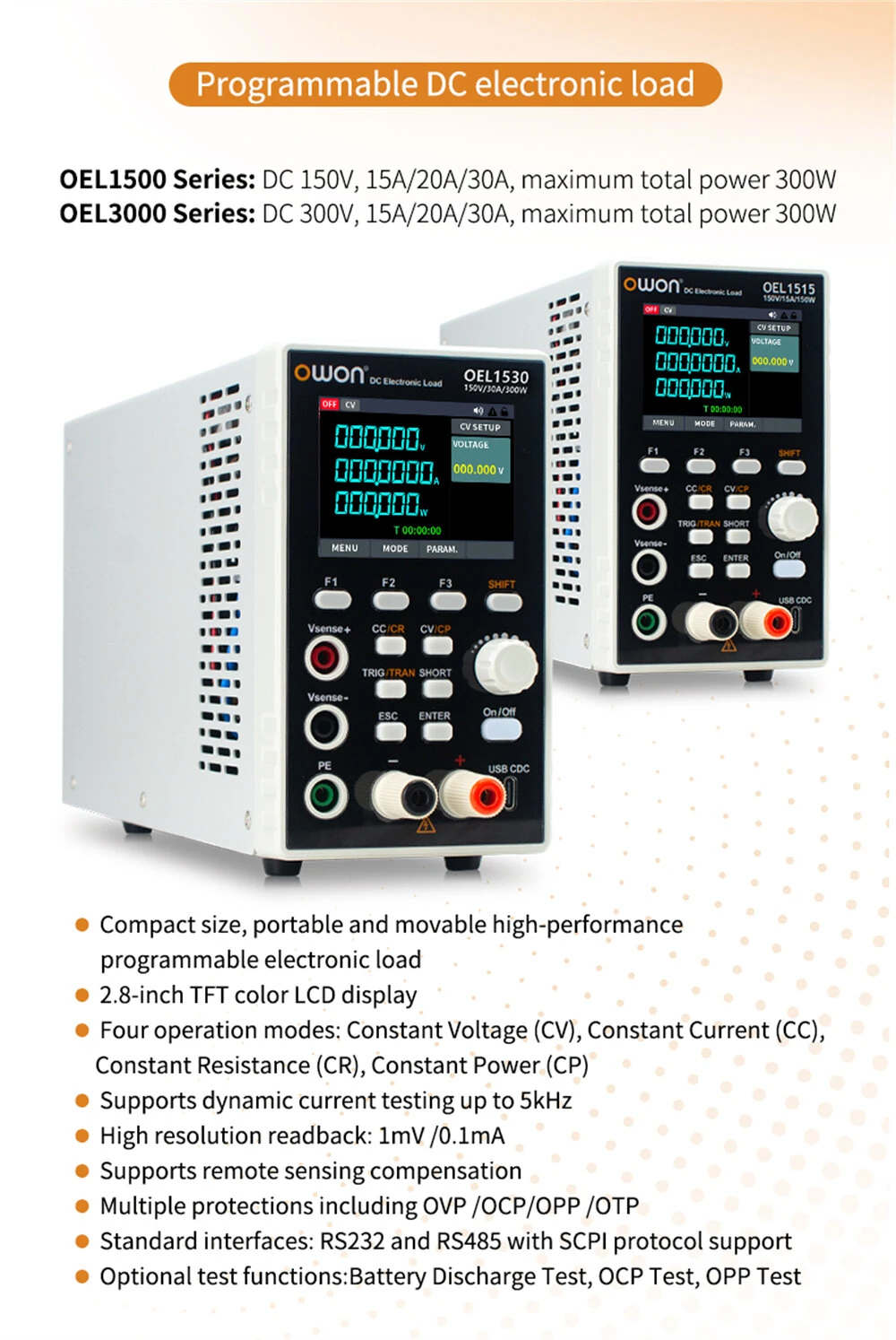 OWON Programmable DC Electronic Load 150W 300W Adjustable Power Supply Support RS485 RS232 SCPI  2.8-inch TFT LCD display OEL1515 OEL1520 OEL1530 OEL3015 OEL3020 OEL3030 EU Plug