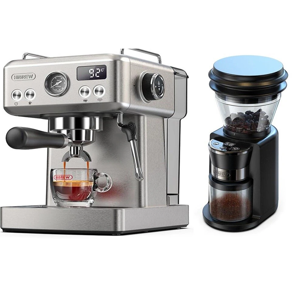 [EU Direct] HiBREW H10A 20-Bar Espresso Machine & G3 Conical Burr Grinder Combo With Programmable Controls Steam Wand Precision Dosing for Café-Quality Espresso