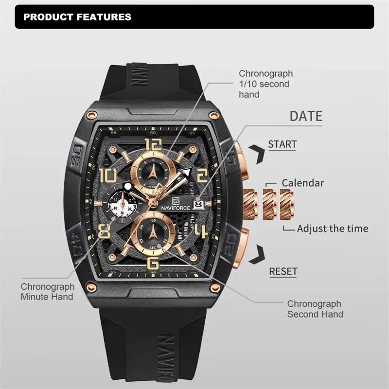 NAVIFORCE Men Watches Waterproof Large Dia Quartz Watch Multi-function Chronograph Sport Watch Fashion Wristwatch