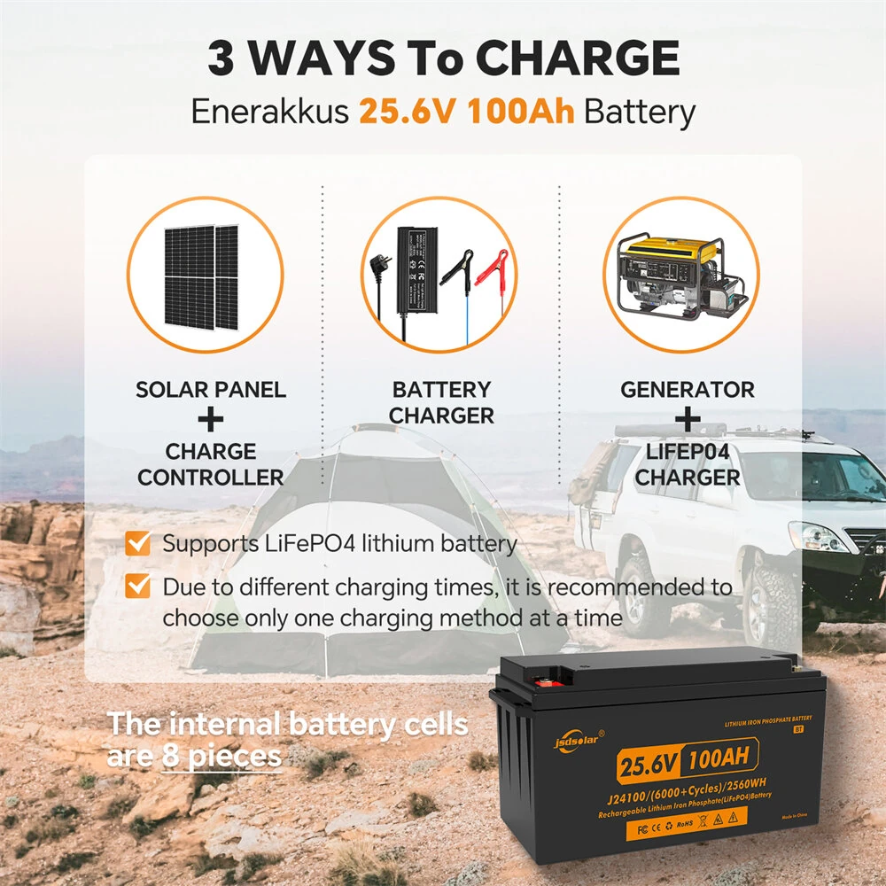 JSDSOLAR 24V 100Ah LiFePo4 Battery Pack With Bluetooth 8000+ Cycles Rechargeable Lithium Iron Phosphate Batteries For Boat RV