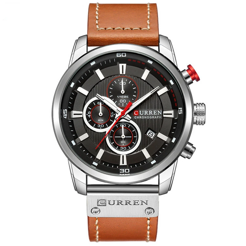CURREN Men Leather Strap Sport Watches Six-hand Chronograph Wristwatch Waterproof Watches Multifunctional Quartz Watch