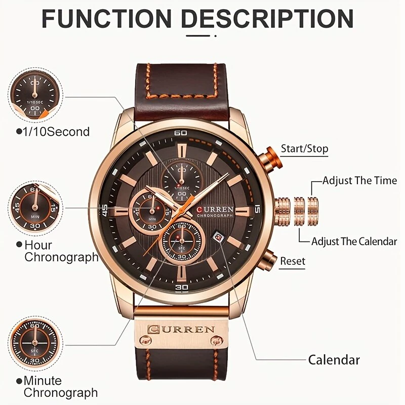 CURREN Men Leather Strap Sport Watches Six-hand Chronograph Wristwatch Waterproof Watches Multifunctional Quartz Watch