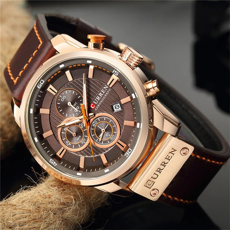 CURREN Men Leather Strap Sport Watches Six-hand Chronograph Wristwatch Waterproof Watches Multifunctional Quartz Watch