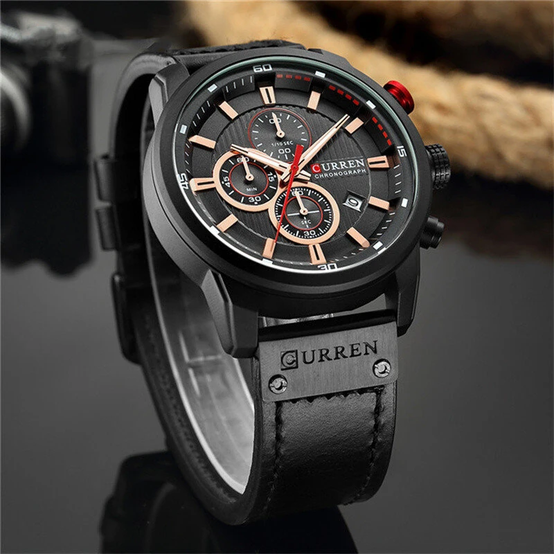 CURREN Men Leather Strap Sport Watches Six-hand Chronograph Wristwatch Waterproof Watches Multifunctional Quartz Watch