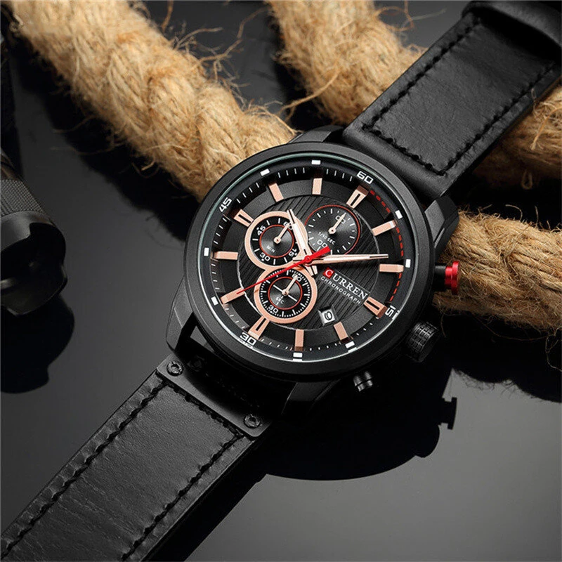 CURREN Men Leather Strap Sport Watches Six-hand Chronograph Wristwatch Waterproof Watches Multifunctional Quartz Watch
