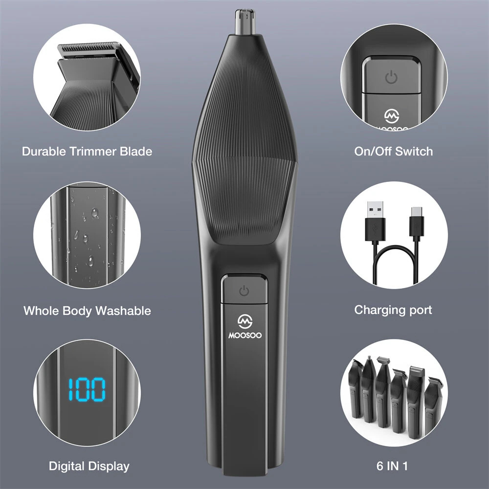 [EU Direct] MOOSOO RS1901 6-in-1 Multi-Grooming Kit for Men Electric Shaver Hair Trimmer Beard Trimmer & Nose Hair Trimmer Body Groomer IPX7 Waterproof LCD Display