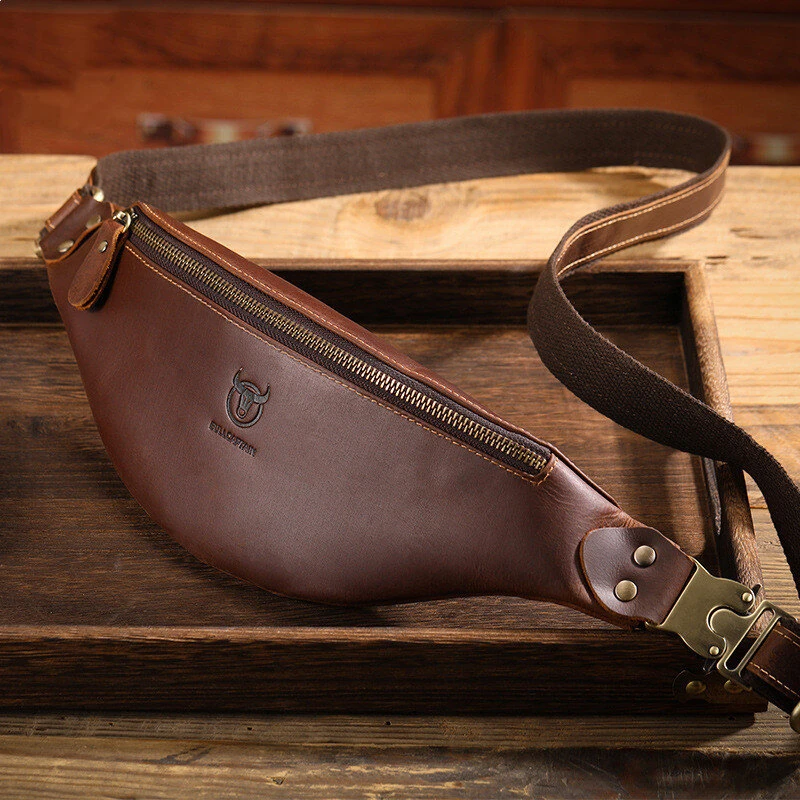BULLCAPTAIN Genuine Leather Men's Belt Bag Crazy Horse Leather Casual Crossbody Bag Classic Retro Chest Bag Outdoor Storage Mountaineering Mobile Phone Bag Waist Bag