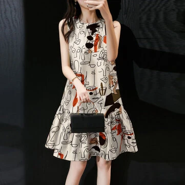 ZANZEA Elegant Style Women's Dresses Sleeveless Round Neck Printed A-Line Mermaid Dress