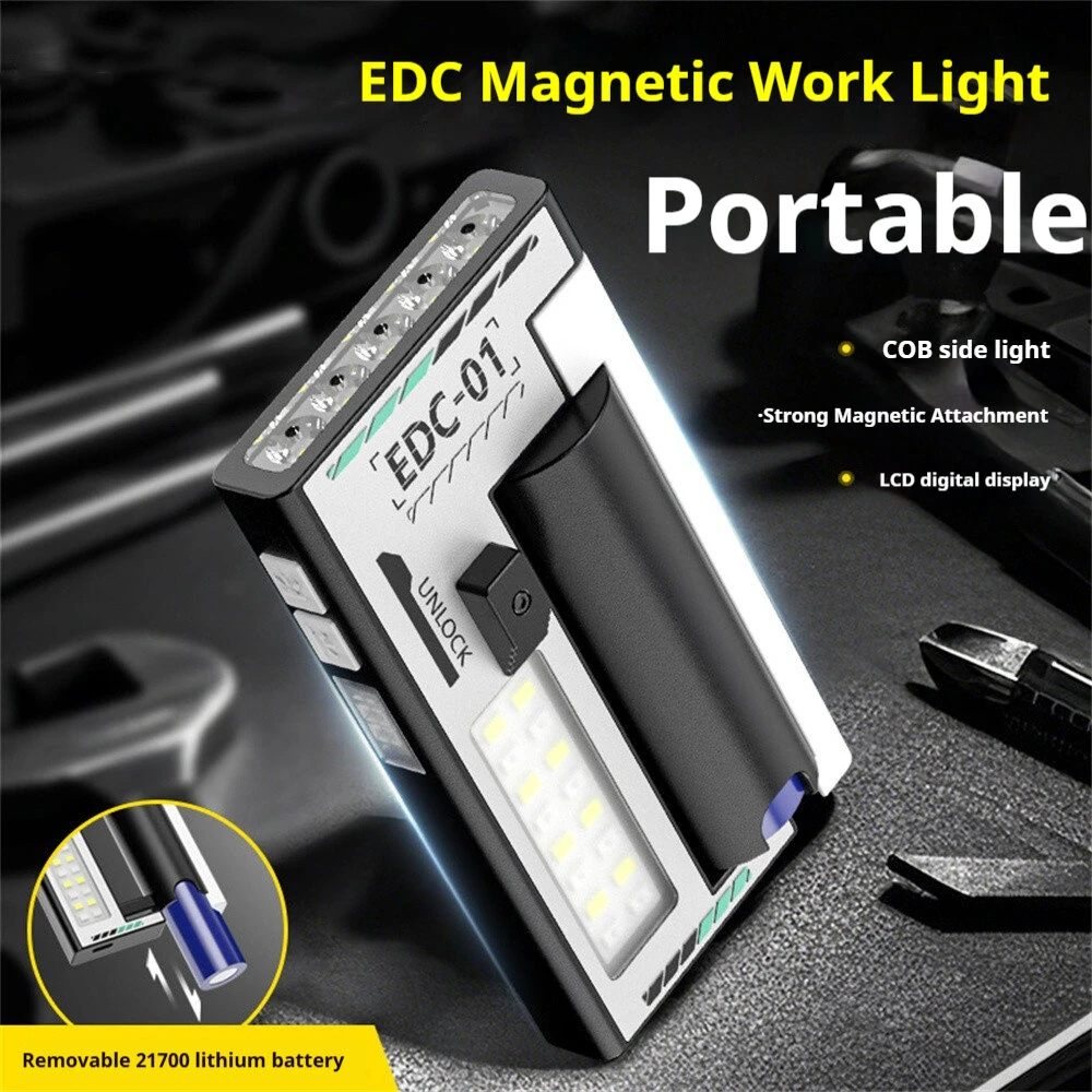 5-LED Magnetic Portable Flashlight With 21700 Battery USB Rechargeable with Digital Display, Red & Blue Warning Lights, Outdoor EDC Work Inspection Lamp