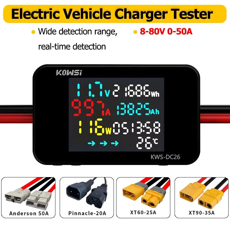 KEWEISI KWS-DC26 Battery Charger Tester Power Meter Voltmeter Ammeter DC 8-80V 50A LCD Screen Overvoltage Overcurrent Warning XT60 XT90 Anderson Connector Solar Electric Vehicle Motorcycle