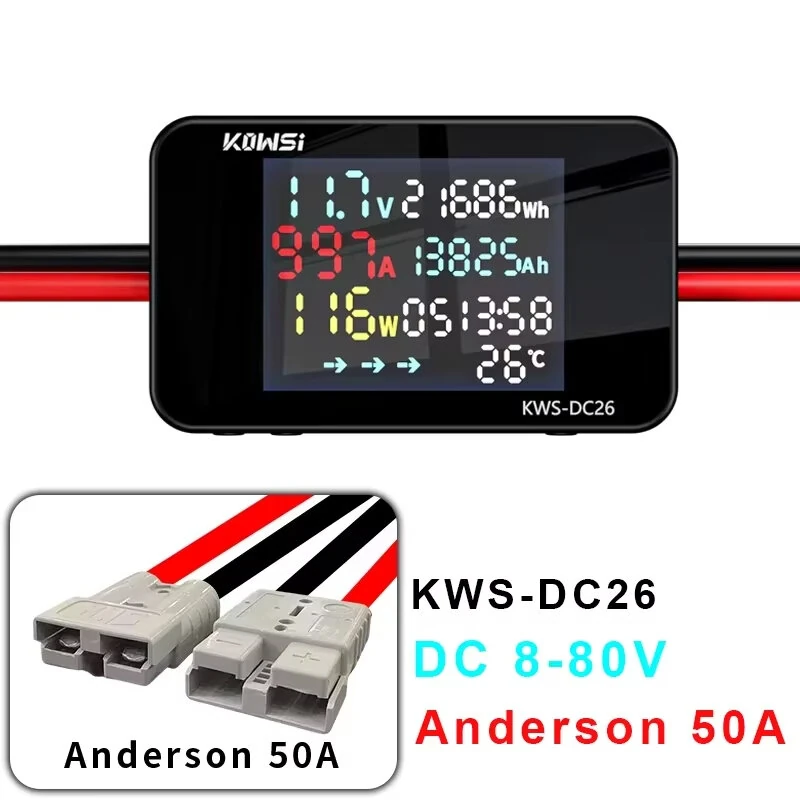KEWEISI KWS-DC26 Battery Charger Tester Power Meter Voltmeter Ammeter DC 8-80V 50A LCD Screen Overvoltage Overcurrent Warning XT60 XT90 Anderson Connector Solar Electric Vehicle Motorcycle