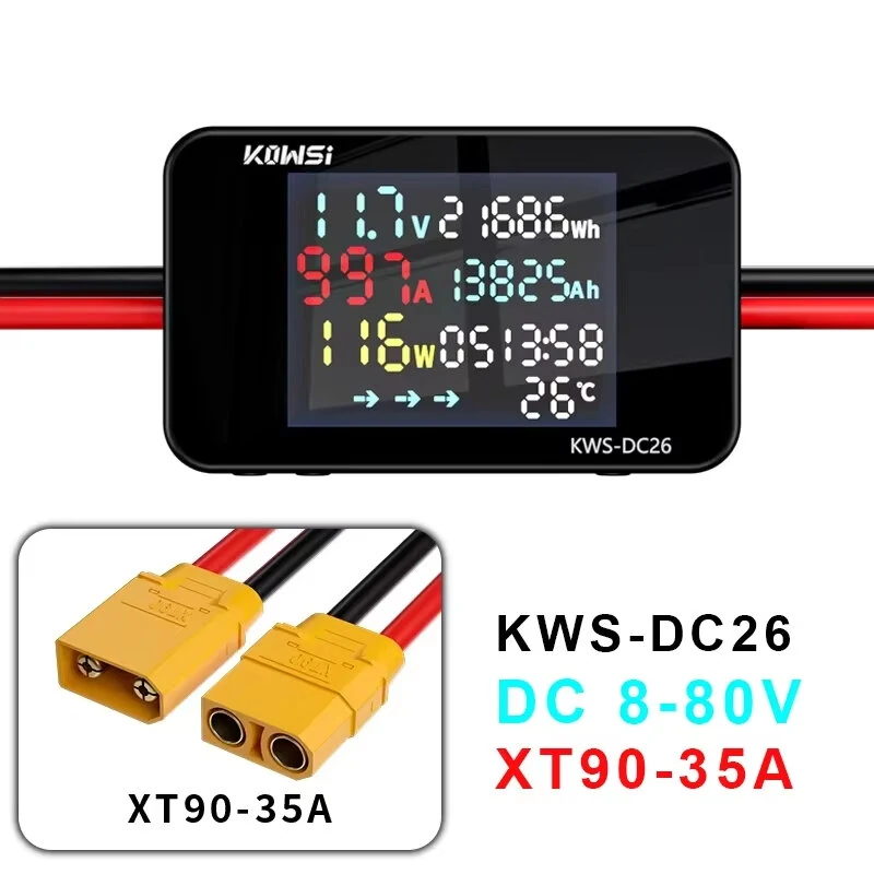 KEWEISI KWS-DC26 Battery Charger Tester Power Meter Voltmeter Ammeter DC 8-80V 50A LCD Screen Overvoltage Overcurrent Warning XT60 XT90 Anderson Connector Solar Electric Vehicle Motorcycle