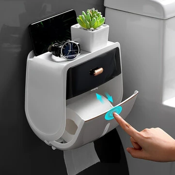 Bathroom Organizer Shelf Wall Mount Toilet Paper Holder Large Capacity Wall-mounted Double-layer Toilet Paper Holder No Drilling Installation Waterproof Paper Towel Storage Box Suitable for B