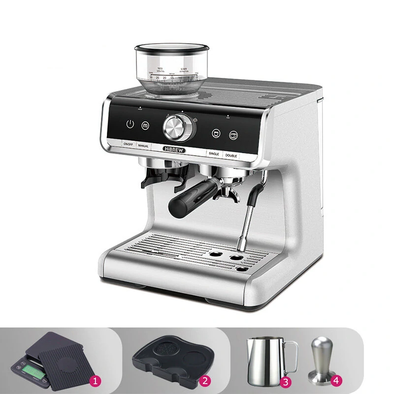 [EU Direct] HiBREW H7 Semi-automatic Espresso Machine 1450W 19 Bar Conical Burr Grinder 30 Levels Grinding Beans Intelligent Temperature Control with Latte Cup Powder Tamper Electronic Scale