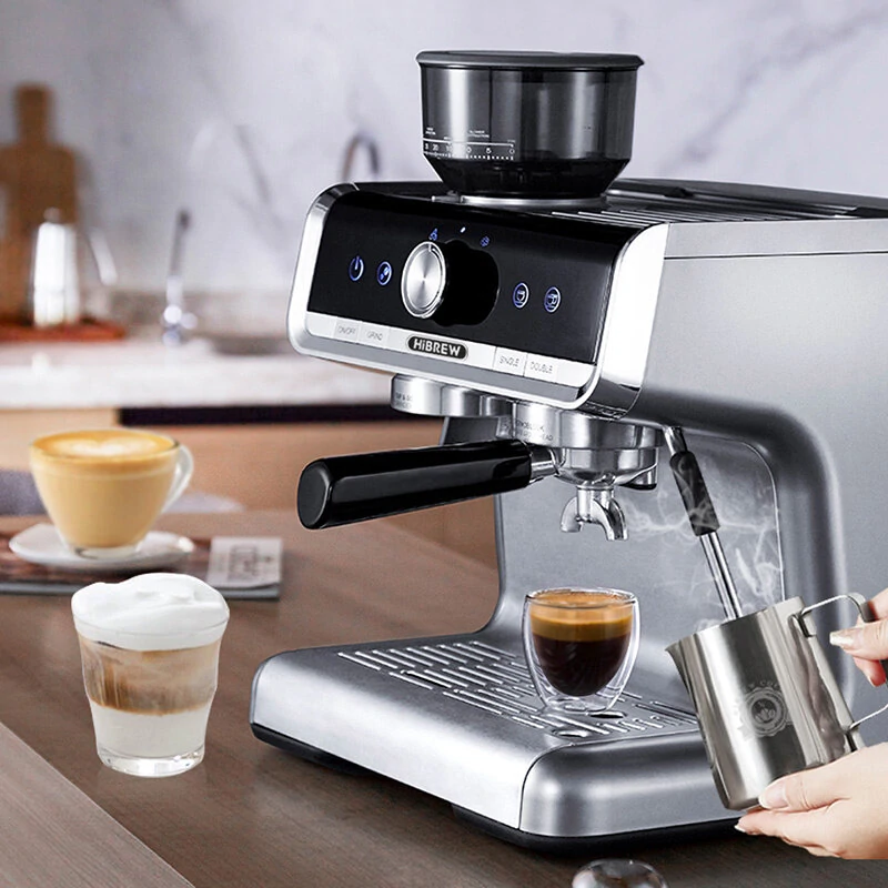 [EU Direct] HiBREW H7 Semi-automatic Espresso Machine 1450W 19 Bar Conical Burr Grinder 30 Levels Grinding Beans Intelligent Temperature Control with Latte Cup Powder Tamper Electronic Scale