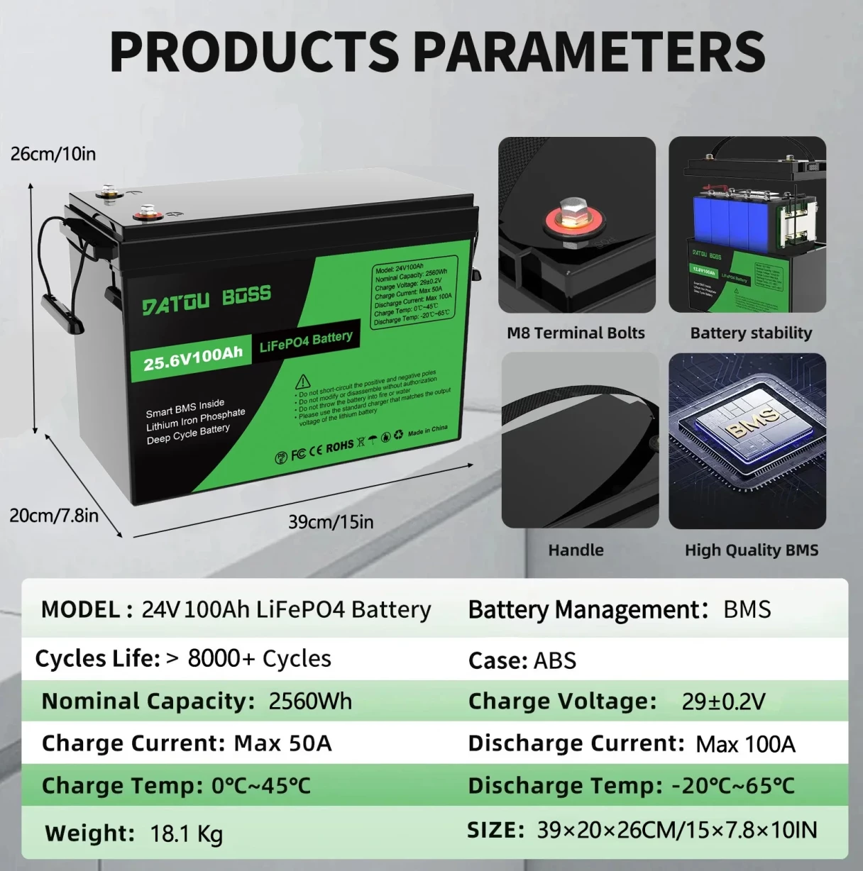 [EU Direct] DATOUBOSS LiFePO4 Battery 24V 48V 100Ah 2560Wh/5120Wh with Upgraded BMS 100A Max Depth Cycle 8000 Cycles Support Series/Parallel for RV Solar Panel Marine Home