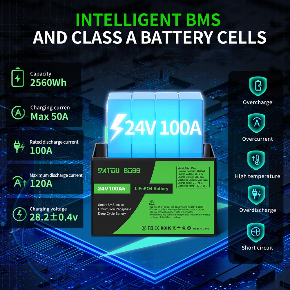 [EU Direct] DATOUBOSS LiFePO4 Battery 24V 48V 100Ah 2560Wh/5120Wh with Upgraded BMS 100A Max Depth Cycle 8000 Cycles Support Series/Parallel for RV Solar Panel Marine Home