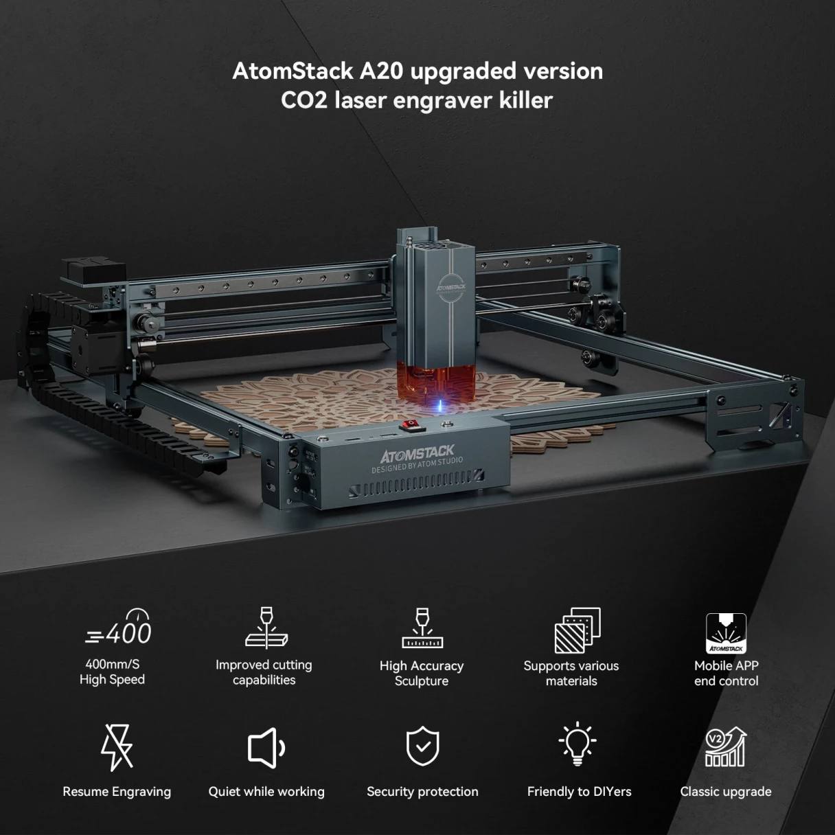 Refurbished AtomStack A20 PRO V2 20W Laser Engraver 24000mm/min Ultra Fast 120W High Power Laser Engraving Machine CNC Laser Cutter and Engraver Machine 400mm x 365mm Engraving Area for Metal Wood Leather
