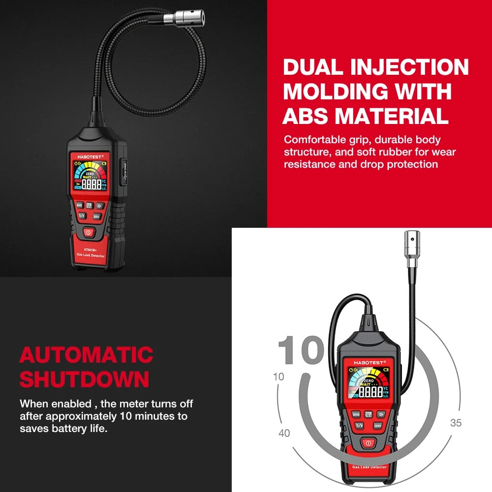 HABOTEST HT601A Natural Gas Leak Detector 50-1000PPM Methane Combustible Gas Auto Zero Audible Visible Alarm Flexible Probe