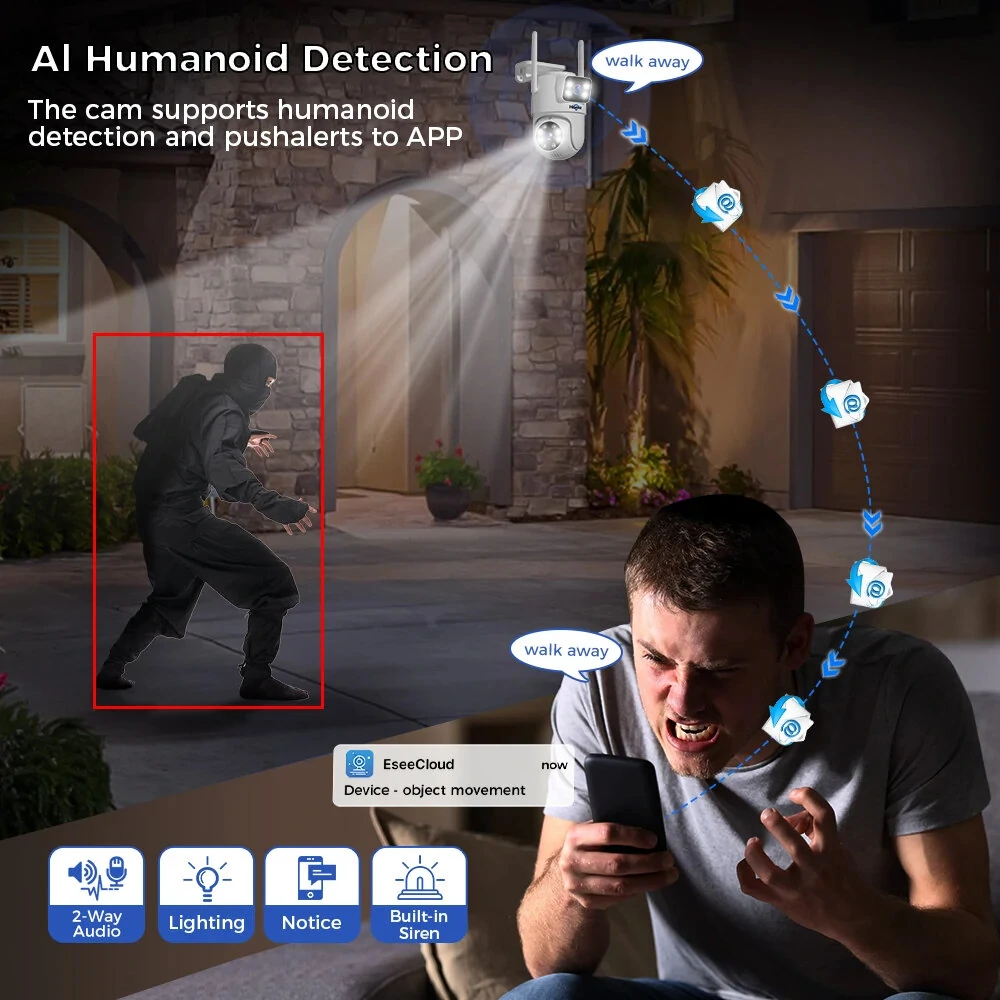 Hiseeu WK-4HS03 3K 6MP 5X Digital Zoom Dual Lens WiFi Camera with 10CH NVR Security Camera System Kit Full Color Night Vision Human Detection APP Remote Viewing P2P Video CCTV Surveillance Outdoor Camera System IP66 Waterproof