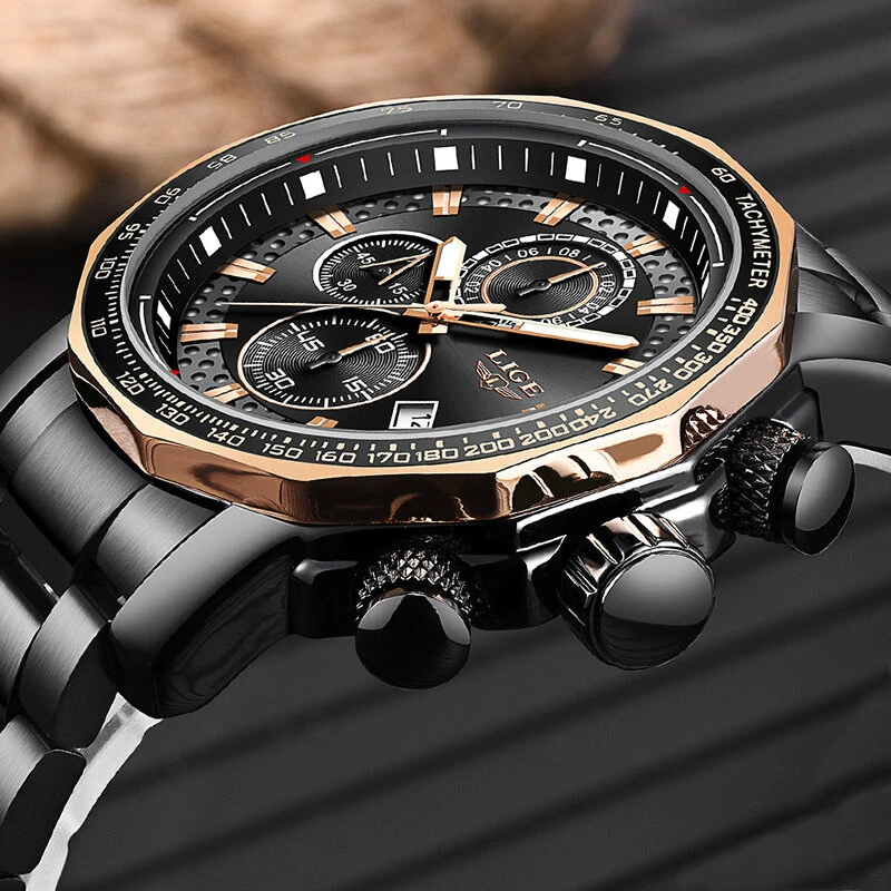 LIGE Men's Sport Watches Big Dial Chronograph Watches Multifunctional Business Casual Quartz Watch Mens Waterproof Chronograph Wristwatches