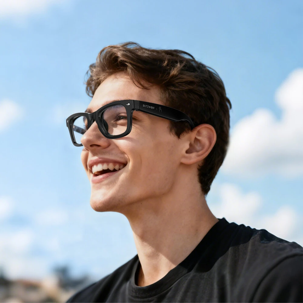 BlitzWolf BW-AG1 AI Smart Glasses Heart Rate Blood Oxygen Monitoring UV Detection 100+ Languages AI Translation HiFi Audio IP66 Waterproof Fitness Tracking Smart Audio Glasses