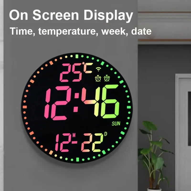 Tuya APP Smart Wifi Wall Clock RGB Calendar Clock Living Room Digital Wall Clock App Intelligent Control Colorful LED Wall Calendar Clock Date Temperature Display