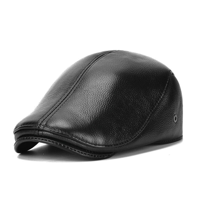 Collrown Men's Outdoor Genuine Leather Berets Forward Cap for Autumn Winter Casual Flat Peaked Hat